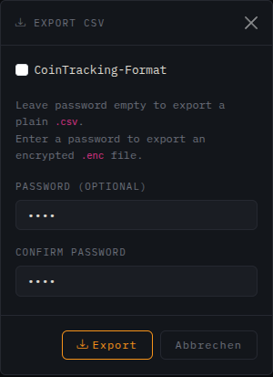 Export-Dialog mit CoinTracking-Format und optionalem Passwort