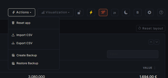 Aktionen-Menü mit Reset app, Import/Export CSV und Backup erstellen/einspielen